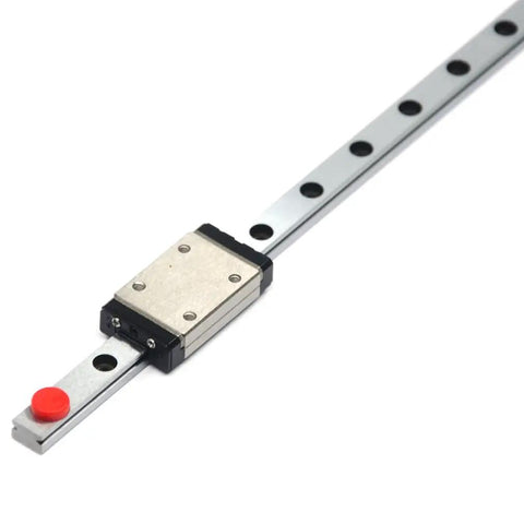 MGN7 150mm Linear Rail Guide with MGN7H Carriage Block, 7mm width, for 3D printers and CNC machines, red rubber stopper visible