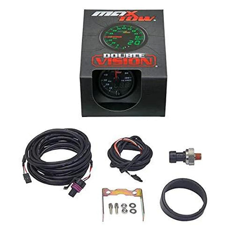 MaxTow Double Vision 100 PSI oil pressure gauge kit with green LED dial, black face; includes sensor and wiring