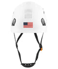 Lightweight Ventilated Safety Helmet Hard Hat With 6 Point Suspension, ABS Construction, front view with USA flag.
