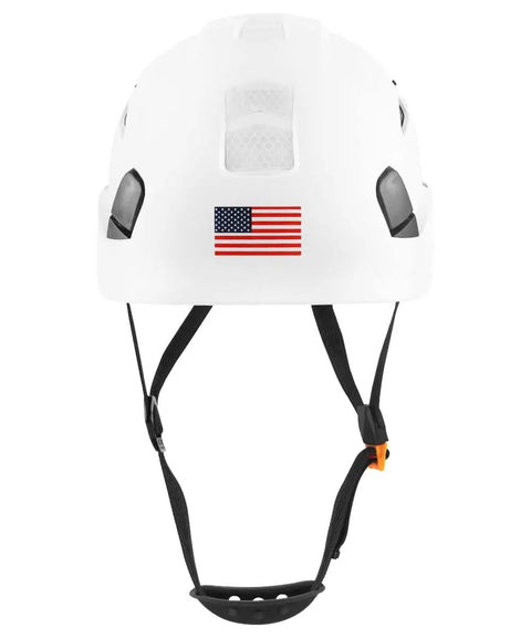 Lightweight Ventilated Safety Helmet Hard Hat With 6 Point Suspension, ABS Construction, front view with USA flag.