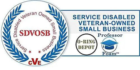 Logo with 'Service Disabled Veteran-Owned Small Business,' 'SDVOSB,' O-Ring Depot and Professor Foam branding, circular wreath design.