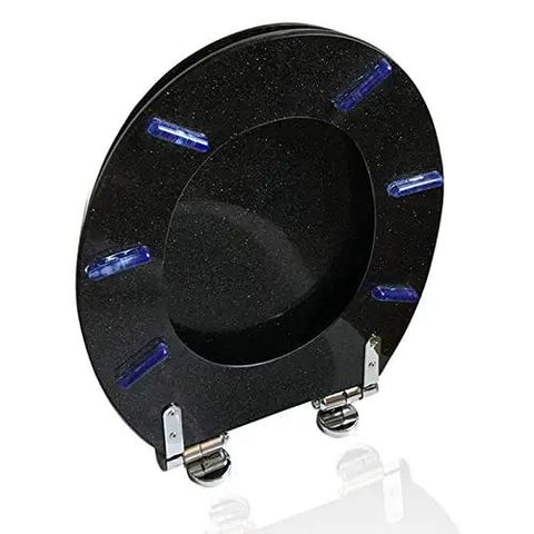 Heavy Duty Thickened Resin Toilet Seat With Silent Slow Close Lid And Ergonomic Rounded Contour, black design with blue accents.