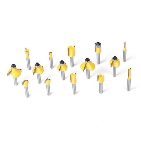 15 Piece Router Bit Set With One Quarter Inch Shank C3 Carbide Woodworking Kit in a wooden storage case, various bit shapes displayed