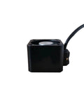 Side view of black NEMA 17 stepper motor with brake module and attached cable