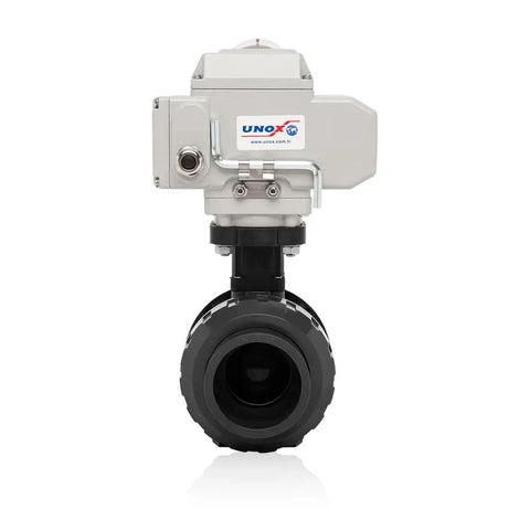 Motorized UPVC Ball Valve With Electric Actuator 24V DC, 4 Inch 110mm, Threaded, 16 Bar, IP67, For Water Air And Liquids, HVAC System Ready, Built Tough For Easy Install, Corrosion Resistant And Reliable Performance, CE NSF ANSI front view