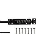 Heavy Duty Spring Loaded Sliding Door Bolt Lock Built Like An Absolute Tank Steel Gate Latch Offering Snappy Automatic Retraction For Sheds Stalls And Barns In Durable Black Finish with screws and wrench