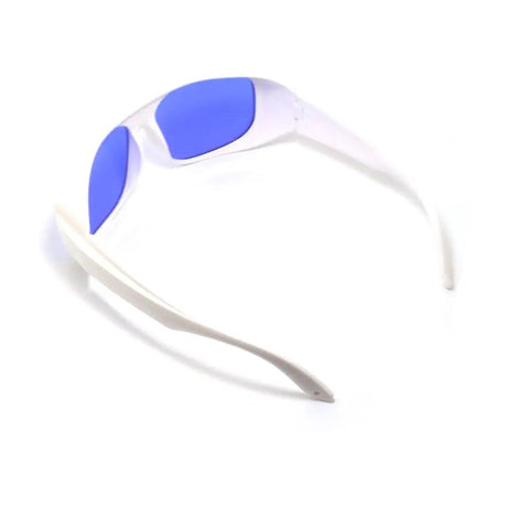 Heavy Duty Laser Safety Glasses With Top Shelf OD4 Plus Protection For Yellow Pulsed Dye Lasers And Clinical Dermatology Work Certified Eye Safety Gear For Hospitals And Labs in white frame with blue lenses.
