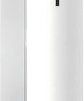 Bumper Fit 21 2 Cubic Foot Upright Freezer Fridge With Jacked Up Storage And Quick Chill Circulation Ready For Your Garage Apartment Or Dorm Room In Crisp White, side view.