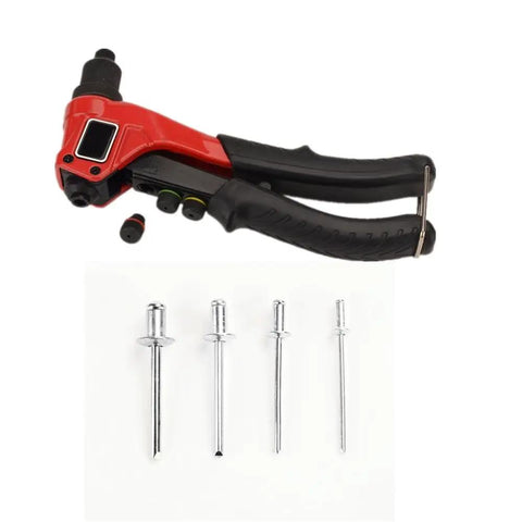 FLZOSPER Heavy Duty Pop Rivet Gun With 200 Pcs Aluminum Blind Rivets Assortment Kit featuring red handheld tool and four interchangeable heads.