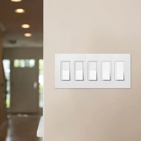 Screwless 5-Gang White Light Switch Cover Plate With Decorative Rocker Style And Outlet Cover, Gloss Finish, No-Screw Flush Mount