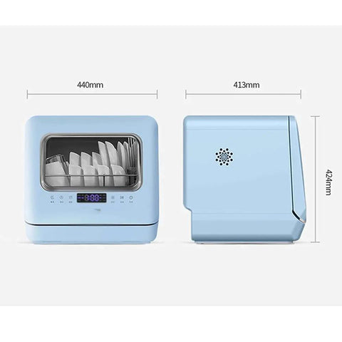 Pretty Slick Countertop Dishwasher Fully Automatic Stainless Steel With Six Place Settings LED Display and Delay Start Quick Connect Faucet Adapter Smooth Hassle Free Setup showing front and side view dimensions.