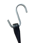 Close-up of galvanized steel S hook with black EPDM strap, part of 21 Inch EPDM Tarp Bungee Straps 50 Pack Made In USA Heavy Duty