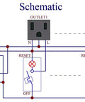 Schematic diagram of Din Rail Mount AC Power Strip With Four 120 Volt Grounded Receptacles and reset switches.