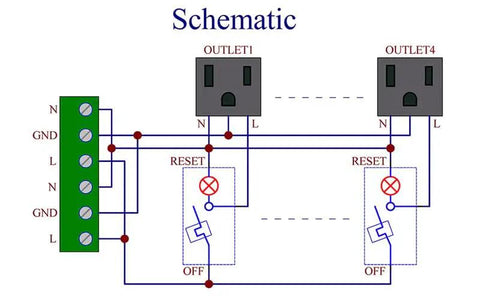 Schematic diagram of Din Rail Mount AC Power Strip With Four 120 Volt Grounded Receptacles and reset switches.