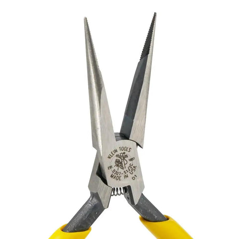 Close-up of Slim Needle Nose Pliers With One Thirty Second Inch Point And Five Inch Length For Deep Reach, knurled jaws visible.