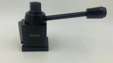 Steel Wedge Type Quick Change Tool Post Set for Mini Lathe, 250-000 model, side view with handle, 6 to 9 inch swing.