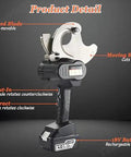 Heavy Duty Ratchet Cable Cutter Chops Through Thick Copper Aluminum And ACSR Wiring Quick With Solid Charge Lithium Batteries And Ergonomic Non Slip Handle For Effortless Pro Electrical Work showing moving and fixed blades.