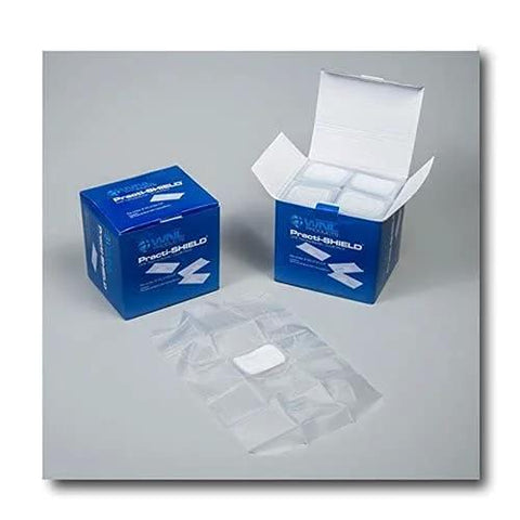 Front view of AED training kit with blue Practi-Shield boxes containing 200 CPR shields.