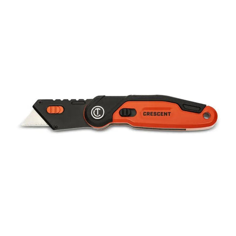 Folding Utility Knife With Tool Free Blade Change, Slim Thumb Bridge Grip, End Cap Storage For 3 Spare Blades displayed.
