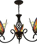 Three Light Tiffany Style Pendant Lighting LED Chandelier With Butterfly Shaped Stained Glass Shade for Dining Room
