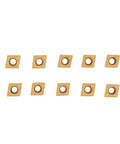 Turning Tool Holder Set With CCMT060204 HM Inserts For Steel Machining, 10 golden carbide inserts on white background