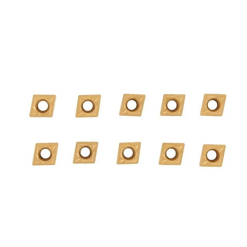 Turning Tool Holder Set With CCMT060204 HM Inserts For Steel Machining, 10 golden carbide inserts on white background