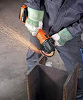 Beast Mode 18V Cordless Angle Grinder With Tool Free Adjustable Safety Guard And Quick Clamping Nuts For Lightning Fast Setup Runs Smooth On 12 To 18 Volt Li Ion Batteries Includes Durable Stackable Case cutting metal, sparks flying, close-up on tool in use.