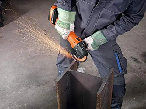Beast Mode 18V Cordless Angle Grinder With Tool Free Adjustable Safety Guard And Quick Clamping Nuts For Lightning Fast Setup Runs Smooth On 12 To 18 Volt Li Ion Batteries Includes Durable Stackable Case cutting metal, sparks flying, close-up on tool in use.