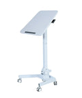 Height Adjustable Rolling Laptop Stand With Locking Casters Sleek Tilt Bed Desk For Sofa Hassle Free Mobility Solid Wood Desktop on wheeled base.