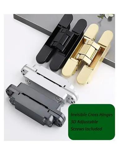 Modern Adjustable One Eighty Degree Silent Concealed Hinge Black Hidden Door Hardware For Wood Cabinets Delivers Dead Quiet Operation Smooth Roll Heavy Duty Install in black, silver, and gold colors.