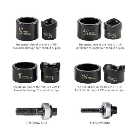 Heavy Duty Knockout Hole Punch Kit For Electrical Conduit 1/2 Inch 3/4 Inch 1 Inch 1-1/4 Inch with different punch sizes and draw studs