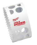 Angled view of Milwaukee Hole Dozer bi-metal hole saw, 3-1/2 in diameter, white body with red logo