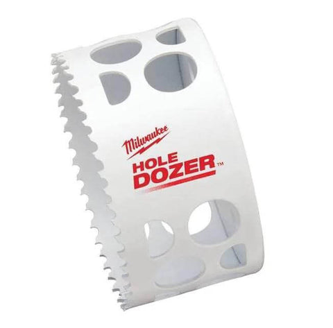 Angled view of Milwaukee Hole Dozer bi-metal hole saw, 3-1/2 in diameter, white body with red logo