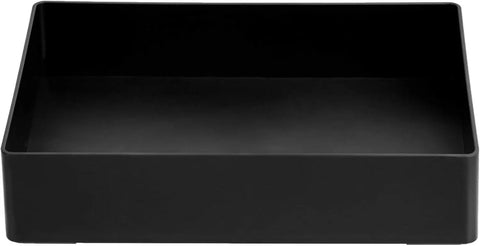Rectangular Plastic Desk Organizer With Durable Storage Trays For Office Essentials And Pen Holder Keeps Stapler Tape Dispenser Clips And Other Small Gear In One Neat Spot Black Finish 9.4 X 6.7 X 2 Inches Pack Of 2, side view of a single tray showing depth and finish
