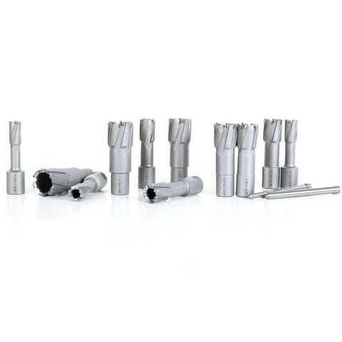 Oscarbide 13-piece carbide TCT annular cutter set with Weldon shanks for magnetic drill press; diameters 1/2"–1-1/8", depth 1-3/8".