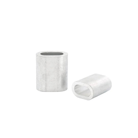 Bulletproof Aluminum Crimping Loop Sleeve With Secure Wire Rope Ferrule and Corrosion Resistant Oval Clip Cable Ties, two sizes shown.