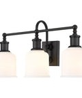 Three Light Vanity Light Fixture In Matte Black Steel, Dope Industrial Nautical Style Wall Mount For Bathroom, with opal glass shades.