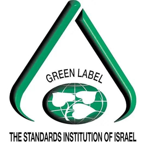 Green Label certification logo by The Standards Institution of Israel, showcasing eco-friendly standards in a triangular design.