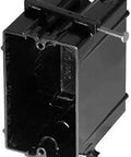 Heavy Duty Black 120 N Outlet Box For New Work One Gang Three and Three Quarters Inch Length By Two and One Quarter Inch Width By Three and One Sixteenth Inch Depth Tough As Nails Polycarbonate Masonry Rated Built To Last And Ready For 90C Conductors shown from front angle