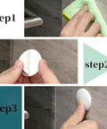 Installation steps for Three Piece Wall Doorstop Set With Self Adhesive Silicone Bumper Pads, showing cleaning wall and applying pad.