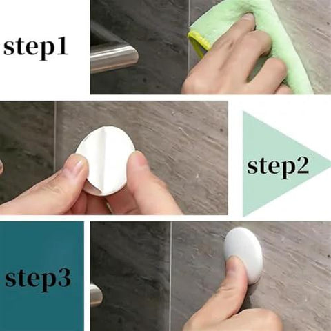 Installation steps for Three Piece Wall Doorstop Set With Self Adhesive Silicone Bumper Pads, showing cleaning wall and applying pad.
