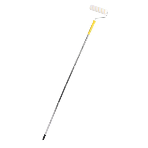 Pro Grade Paint Roller Kit Featuring Bend Resistant Stainless Steel Rods And A Nifty Drip Free Metal Tray, 9-inch roller with yellow handle.