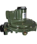 Green metal propane regulator for home LP gas with 1/2-inch outlet and mounting bolts