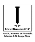 Diagram showing driver diameter of 0.16 inches for Beast Mode Heavy Duty Professional Air Punch Nailer And Nail Puller Kit