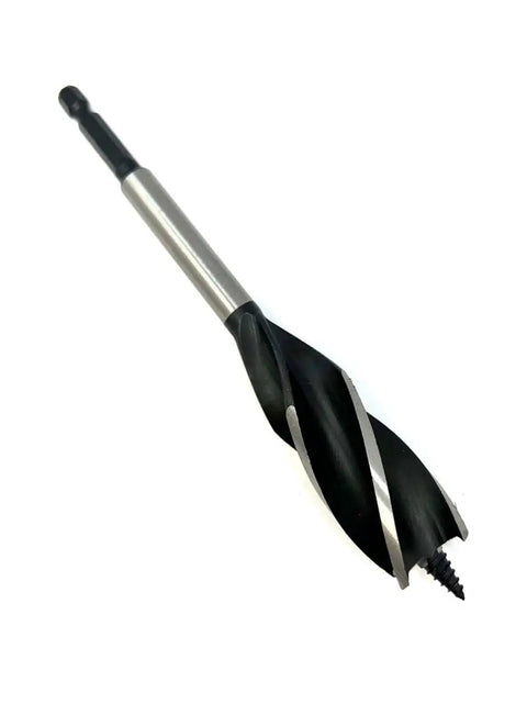 Heavy Duty Five Piece Wood Drill Bit Set With Four Flute Auger Design For Faster Chip Ejection And Smooth Clean Holes On Tough Lumber No Sweat Projects Guaranteed Badass Performance - Close-up of hex shank auger drill bit
