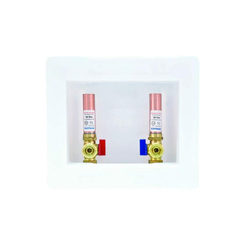 Half Inch Crimp PEX Connection White Center Drain Washing Machine Outlet Box With Hammer Arrestors front view