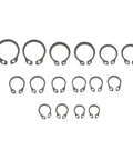 Go-To External Circlip Retaining Ring Set 100 Pieces, 304 stainless steel snap rings in 8mm to 18mm range arranged on white background