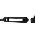 Two-piece black rubber draw latch set with T-handle hood catch for vehicle hoods and tool boxes.