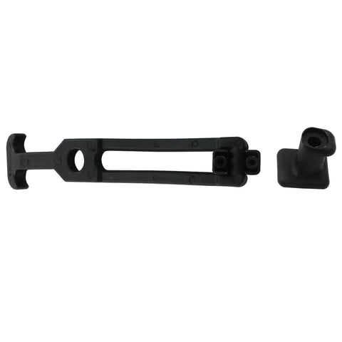 Two-piece black rubber draw latch set with T-handle hood catch for vehicle hoods and tool boxes.