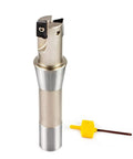 Beefy Indexable End Mill With R8 Shank One Inch Cutting Diameter Five And Twenty Seven Thirty Second Inch Overall Length shown with insert key